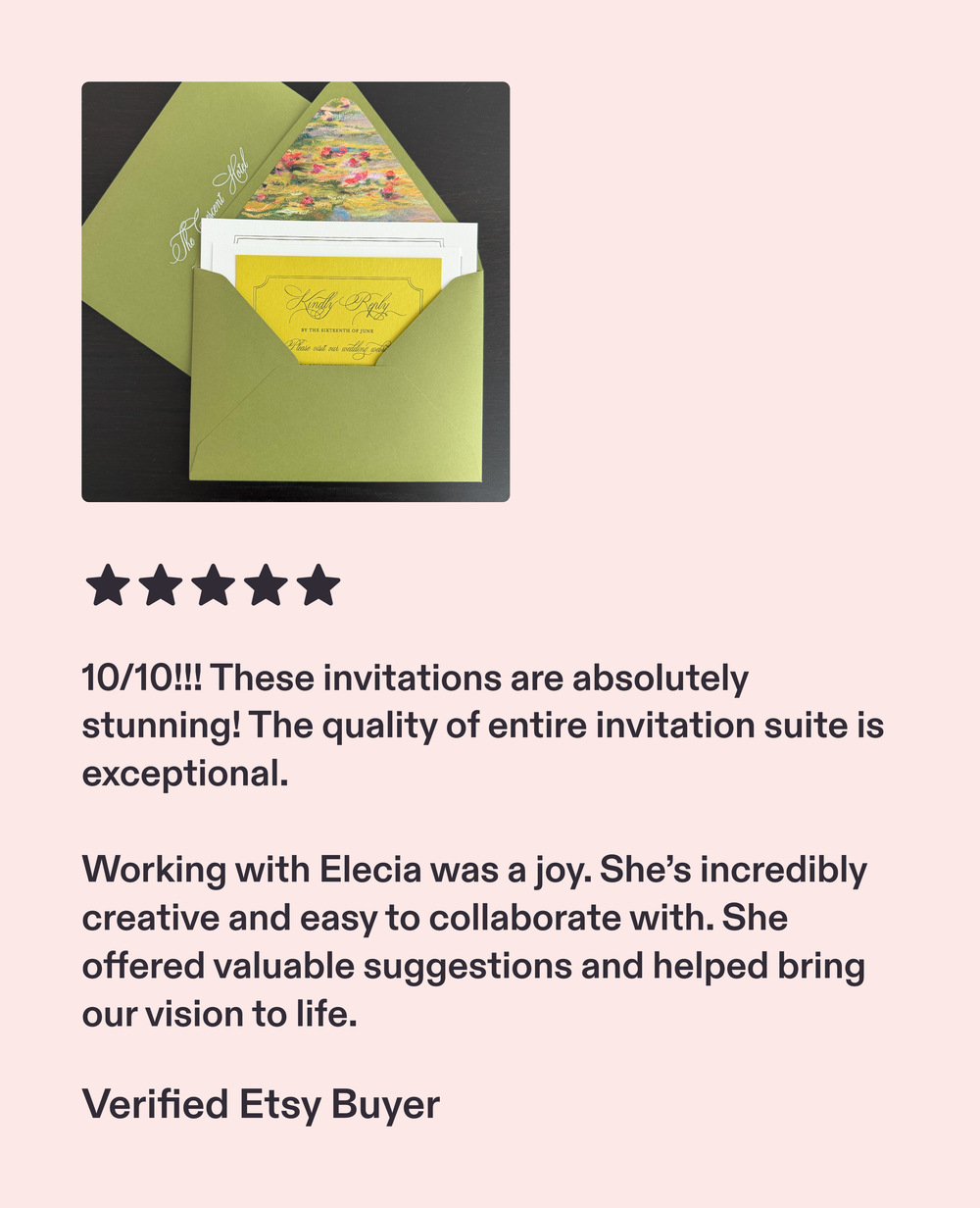 Five star review: 10/10, these invitations are absolutely stunning and the quality of the entire suite is exceptional.