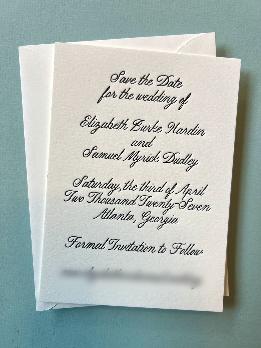 Letterpress save the date in black script on cream cotton paper, image 1 of 6