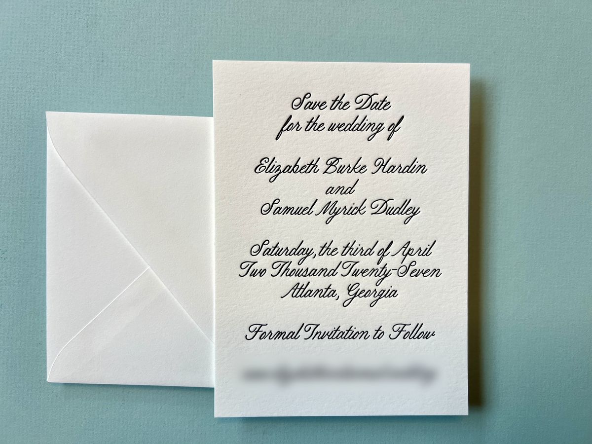Letterpress save the date in black script on cream cotton paper, image 3 of 6