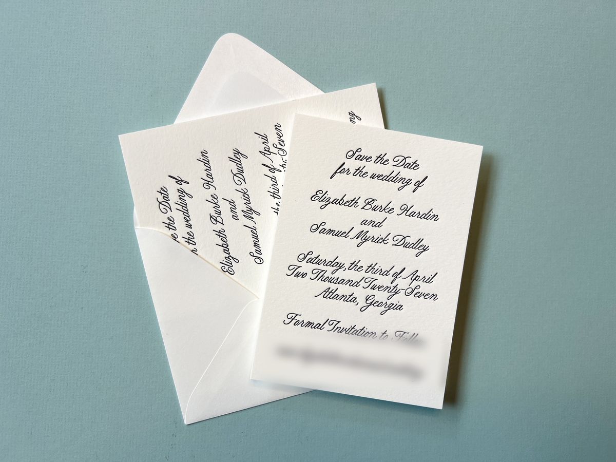 Letterpress save the date in black script on cream cotton paper, image 5 of 6