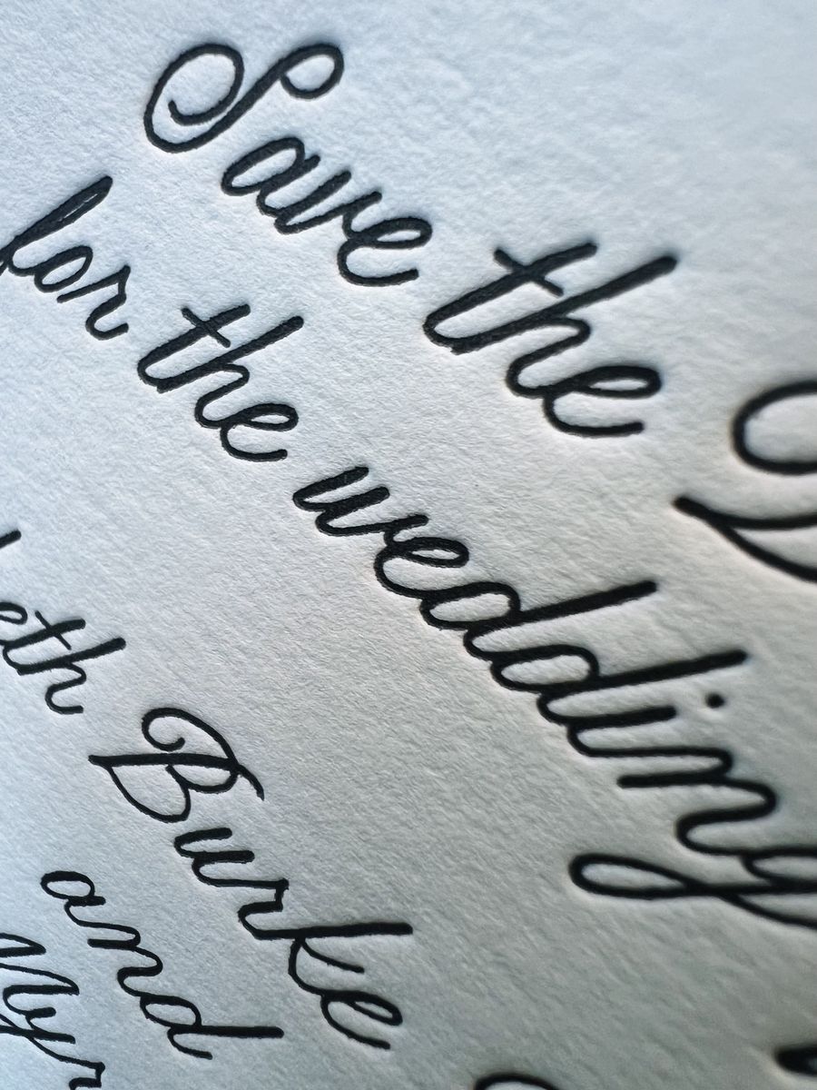 Letterpress save the date in black script on cream cotton paper, image 4 of 6