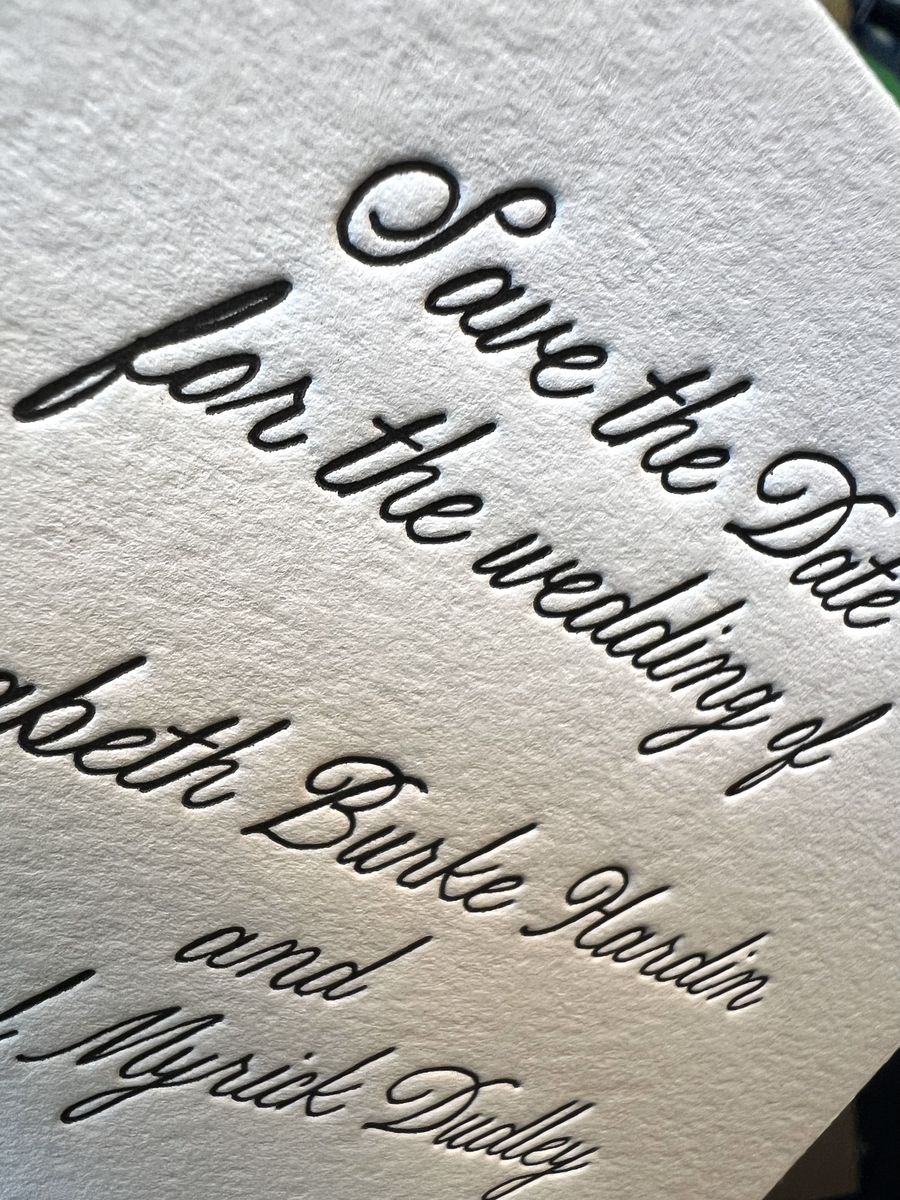 Letterpress save the date in black script on cream cotton paper, image 6 of 6