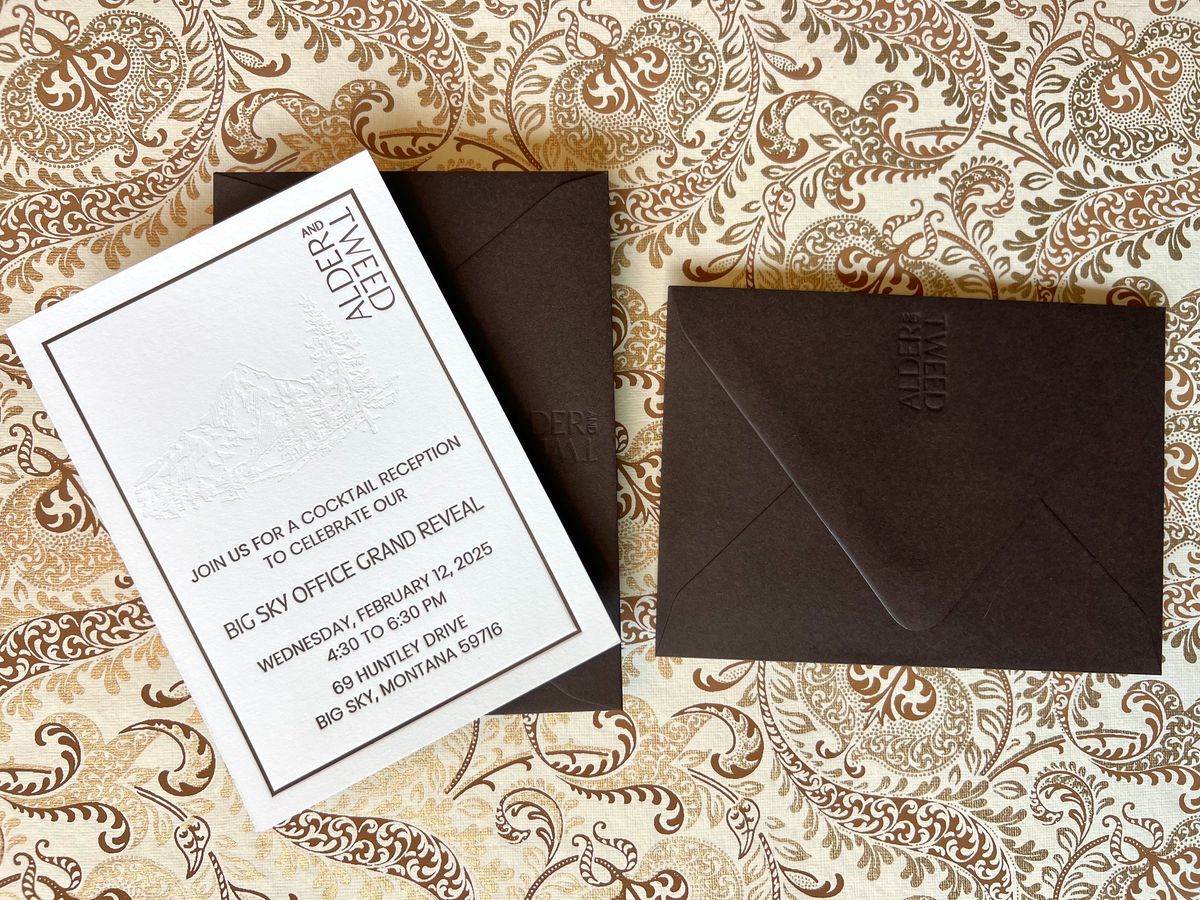 Blind debossed event invitation with a mountain motif and a dark brown envelope, image 6 of 6