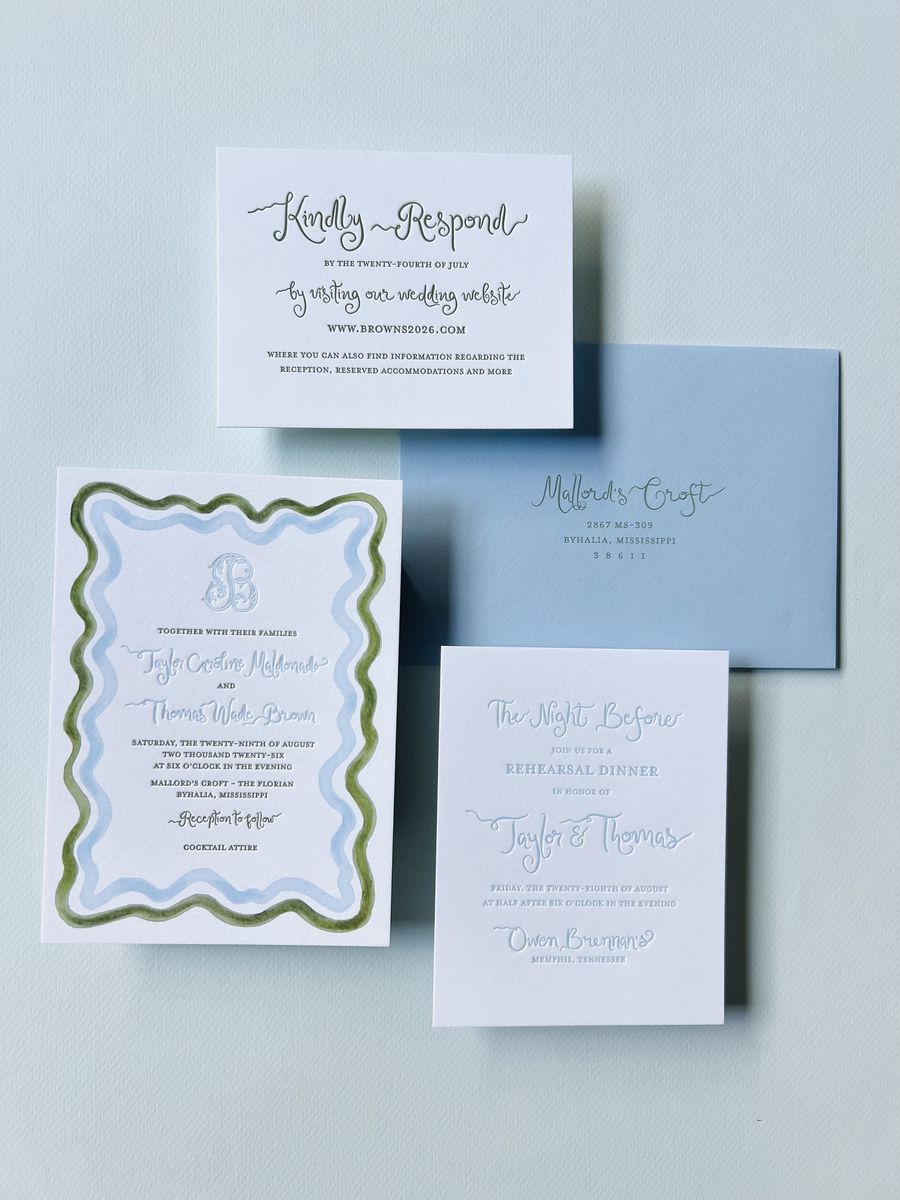 Letterpress wedding invitation suite with a wavy blue and green scalloped border and a monogram, image 10 of 17