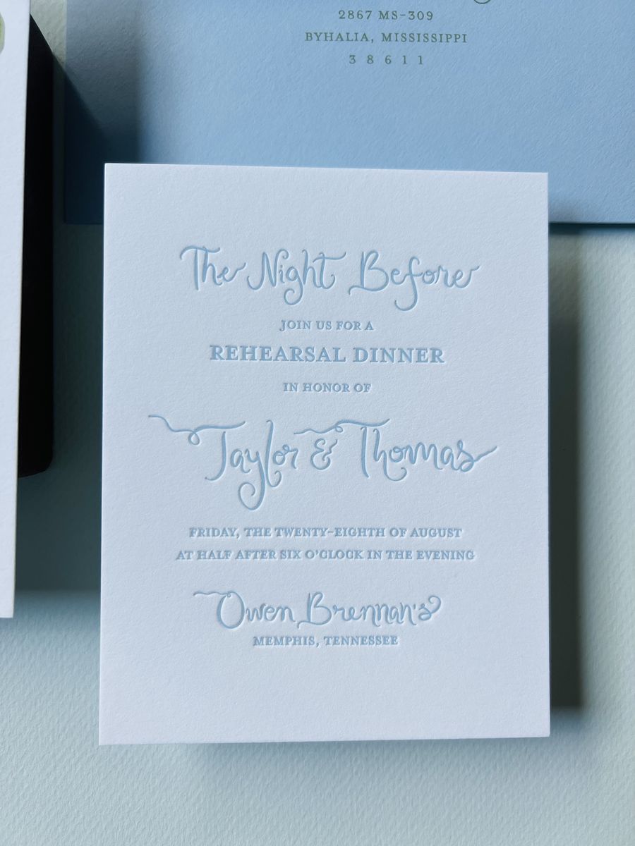 Letterpress wedding invitation suite with a wavy blue and green scalloped border and a monogram, image 7 of 17