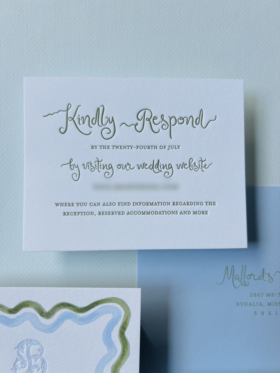 Letterpress wedding invitation suite with a wavy blue and green scalloped border and a monogram, image 15 of 17