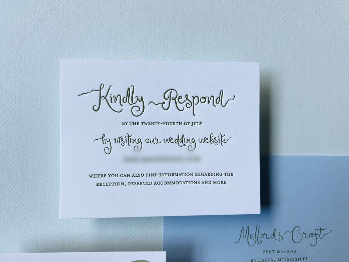 Letterpress wedding invitation suite with a wavy blue and green scalloped border and a monogram, image 16 of 17