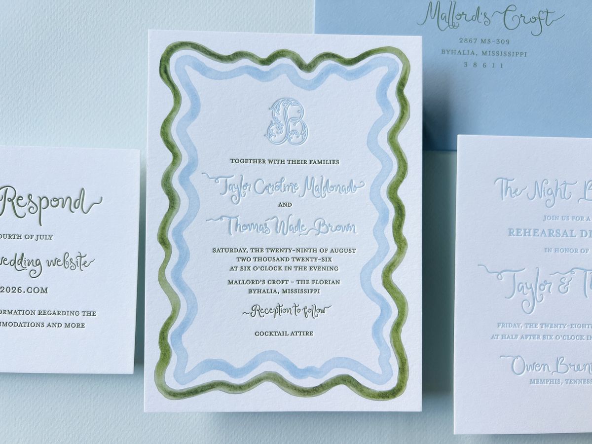 Letterpress wedding invitation suite with a wavy blue and green scalloped border and a monogram, image 6 of 17