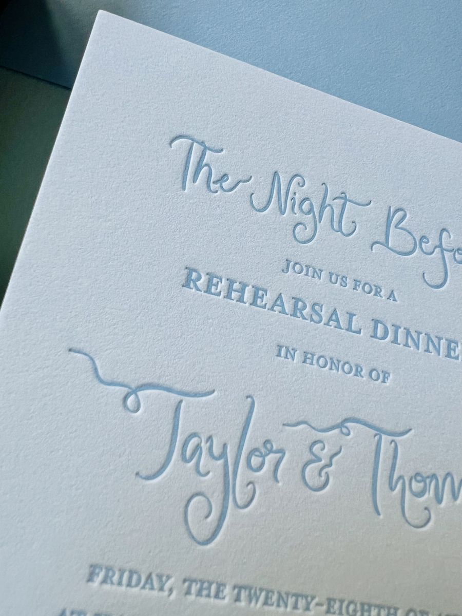 Letterpress wedding invitation suite with a wavy blue and green scalloped border and a monogram, image 9 of 17