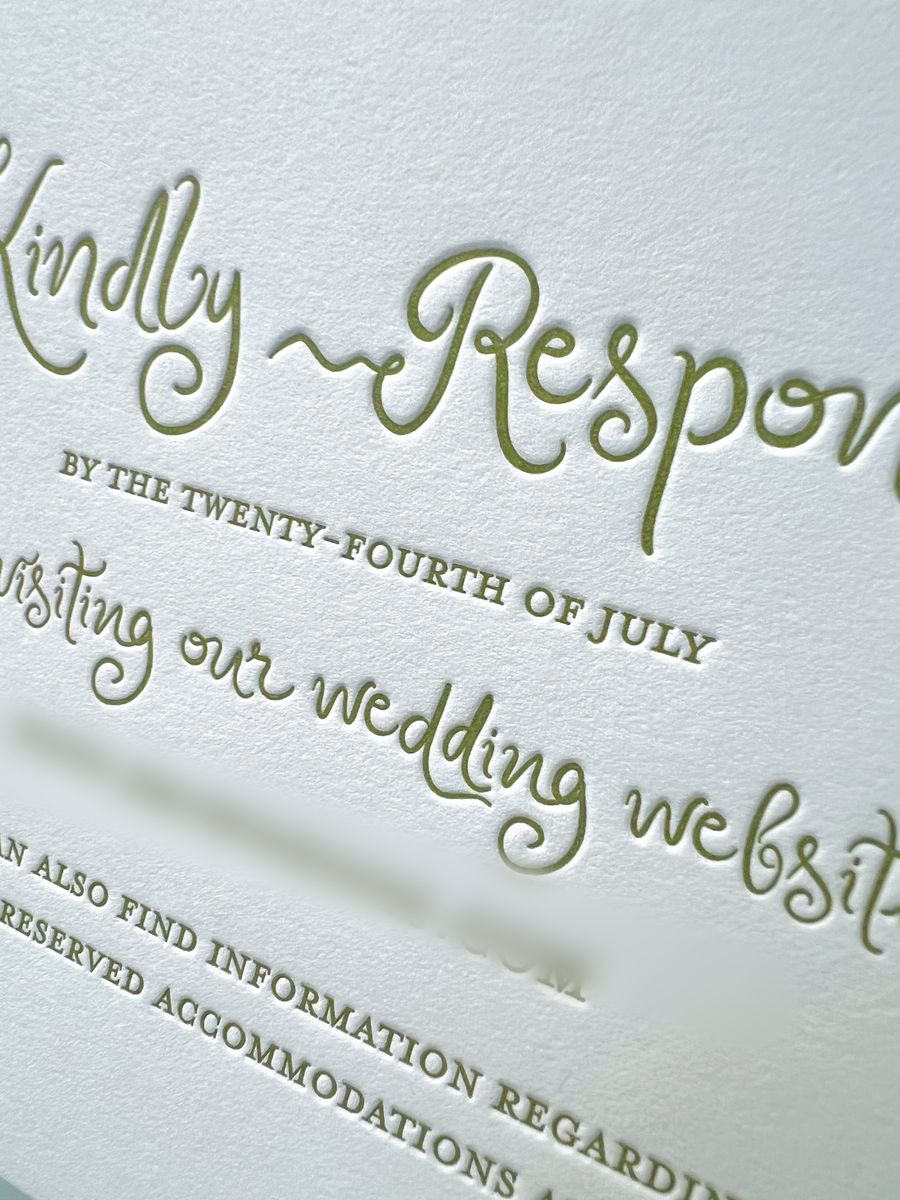 Letterpress wedding invitation suite with a wavy blue and green scalloped border and a monogram, image 17 of 17