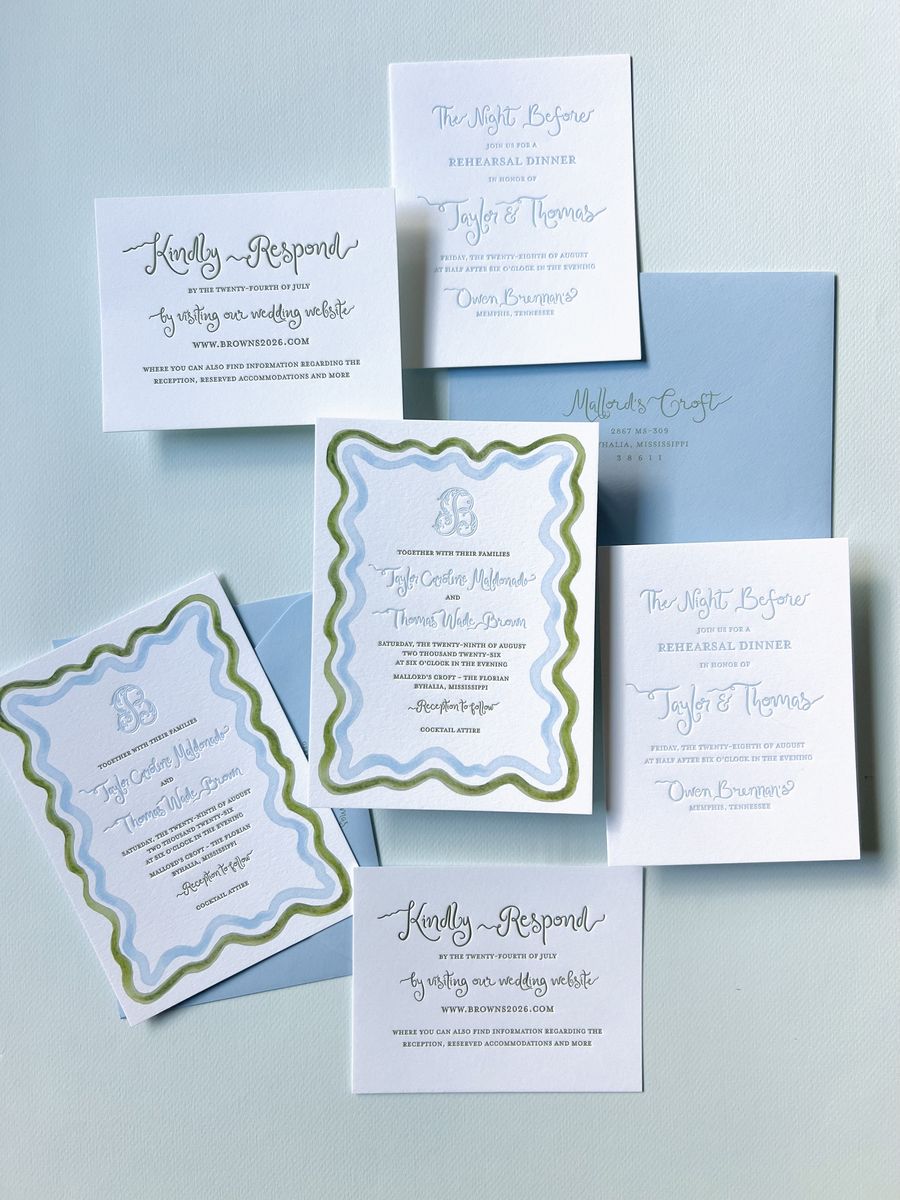 Letterpress wedding invitation suite with a wavy blue and green scalloped border and a monogram, image 11 of 17
