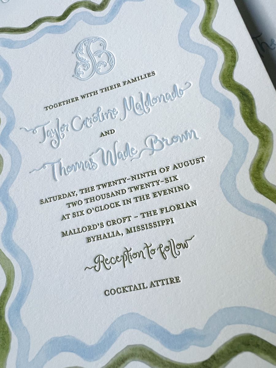 Letterpress wedding invitation suite with a wavy blue and green scalloped border and a monogram, image 13 of 17