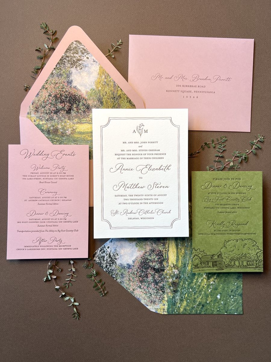 Letterpress wedding invitation suite in pink and green with a painted landscape, image 1 of 8