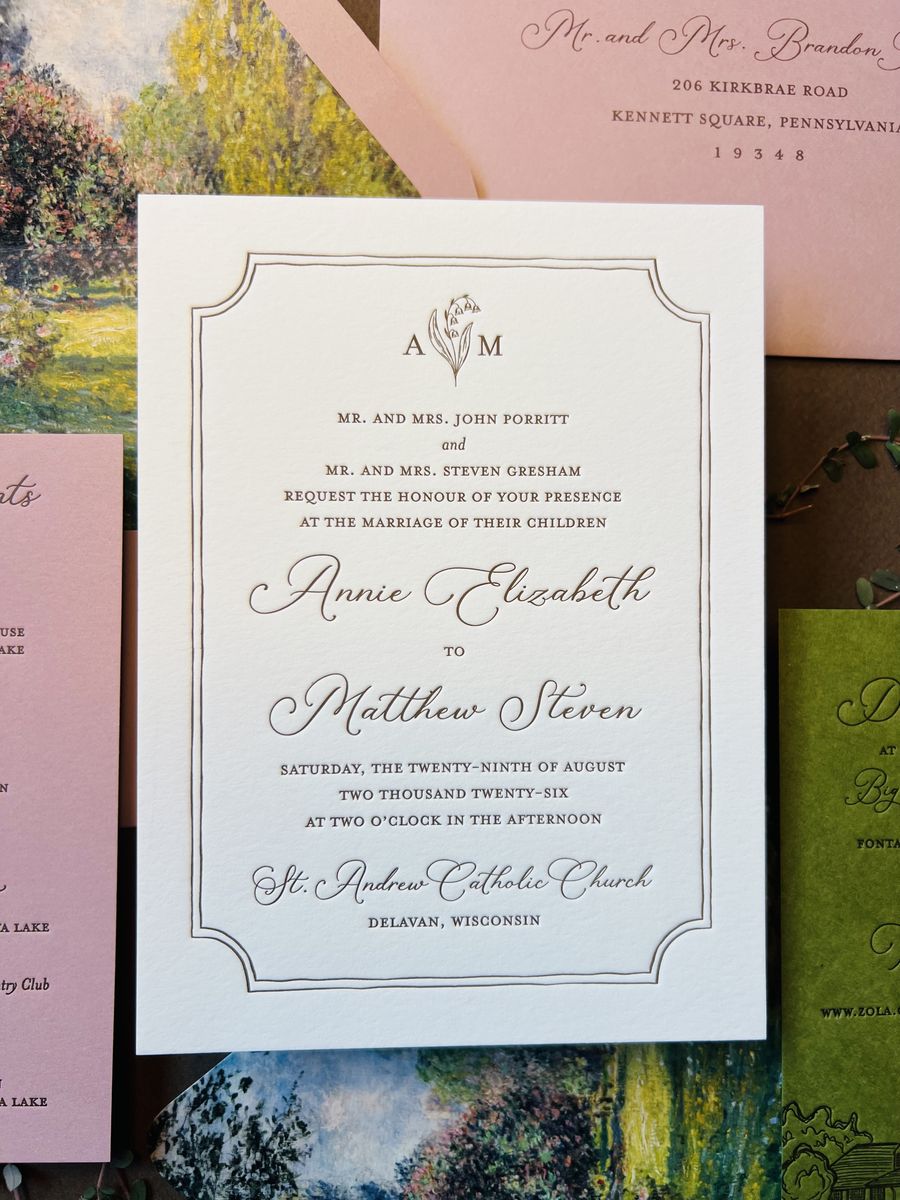 Letterpress wedding invitation suite in pink and green with a painted landscape, image 2 of 8