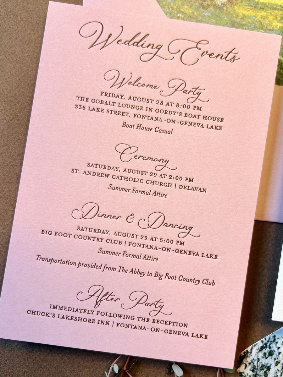 Letterpress wedding invitation suite in pink and green with a painted landscape, image 4 of 8