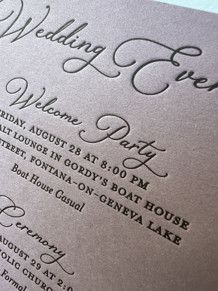 Letterpress wedding invitation suite in pink and green with a painted landscape, image 8 of 8