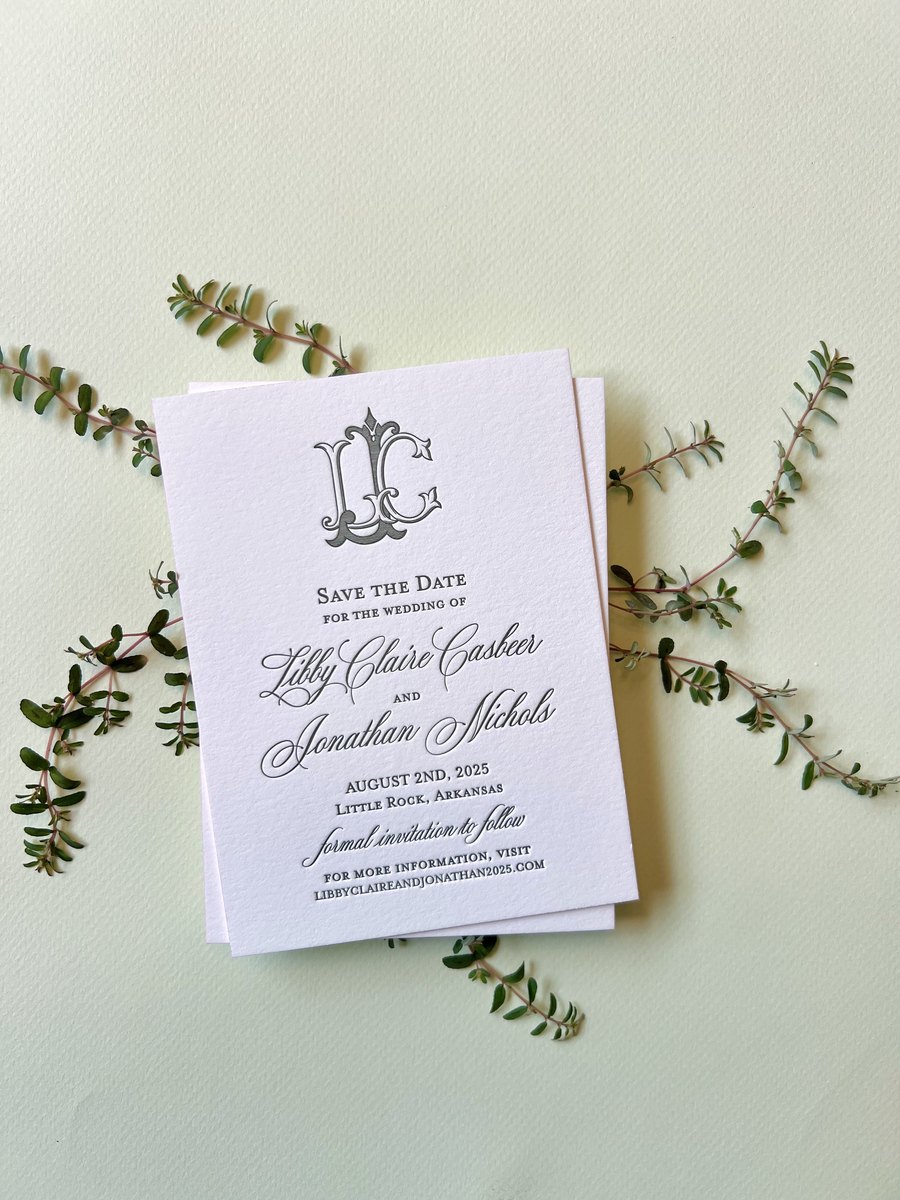 Letterpress save the date with a sage green monogram and a painted edge, image 1 of 5