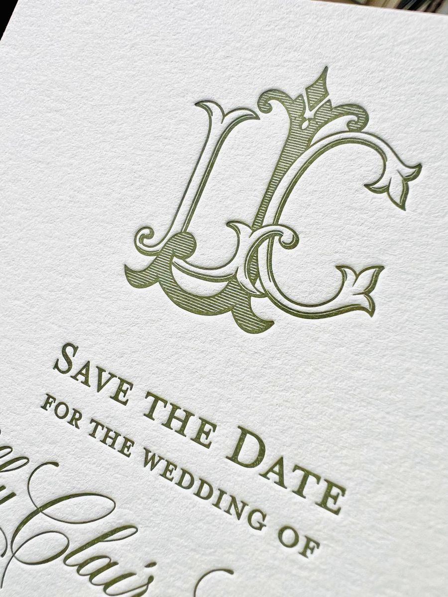 Letterpress save the date with a sage green monogram