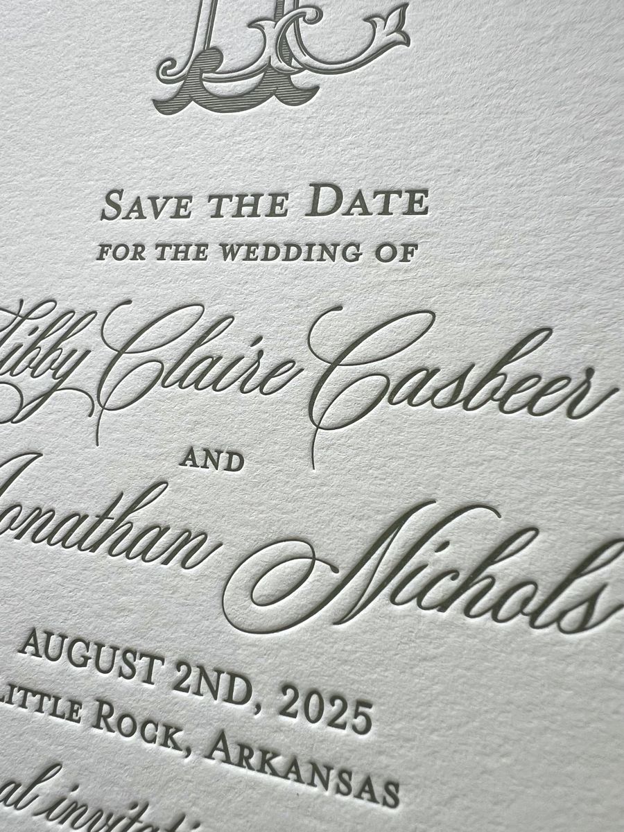 Letterpress save the date with a sage green monogram and a painted edge, image 3 of 5