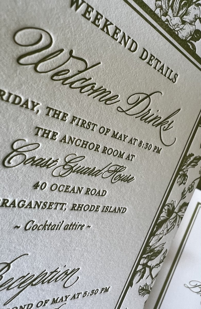 Letterpress wedding invitation suite in olive green with a hand-drawn venue illustration and a botanical border, image 10 of 15