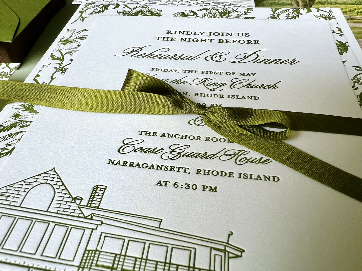 Letterpress wedding invitation suite in olive green with a hand-drawn venue illustration and a botanical border, image 6 of 15