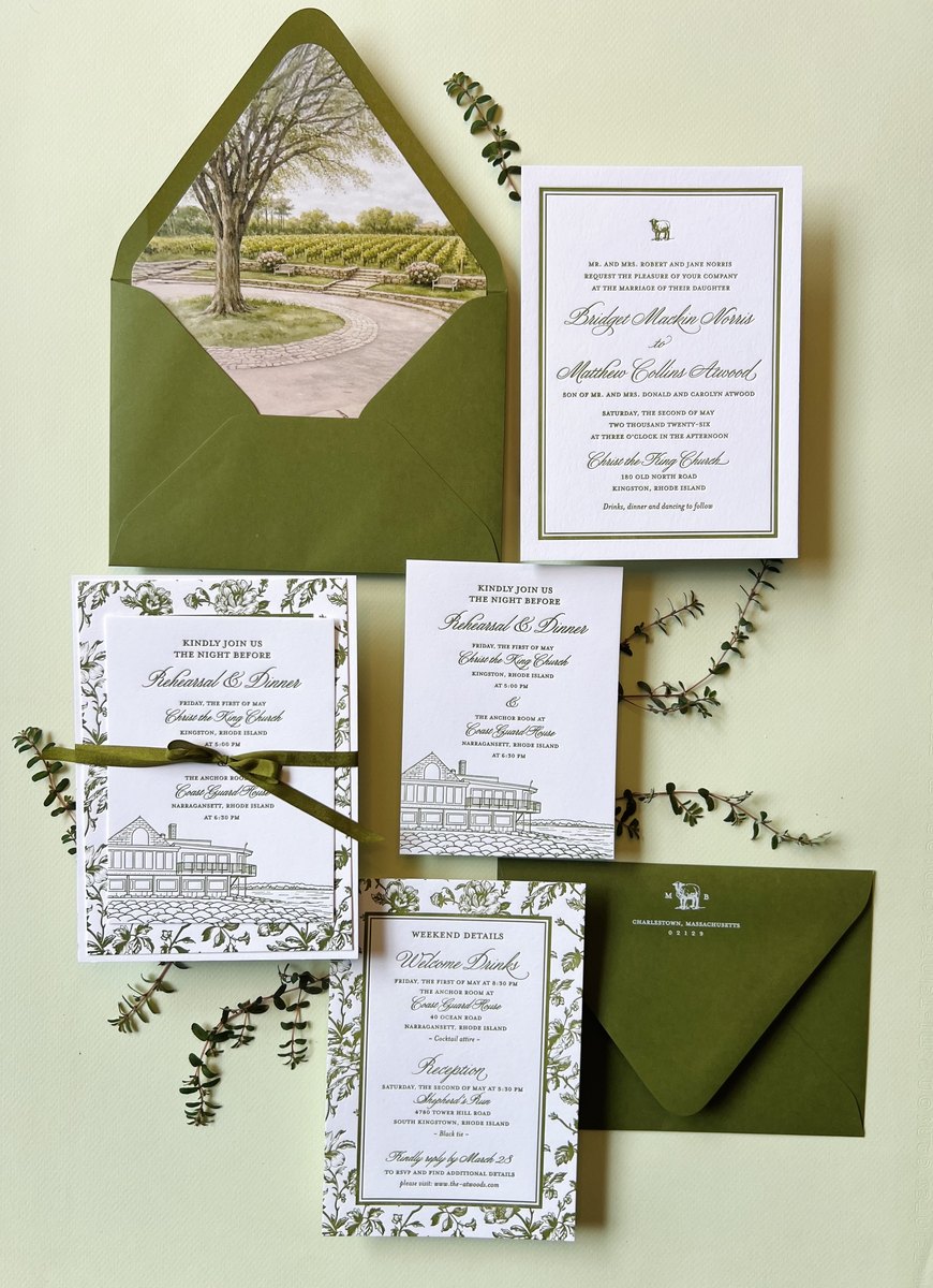 Letterpress wedding invitation suite in olive green with a painted envelope liner and a hand-drawn venue illustration