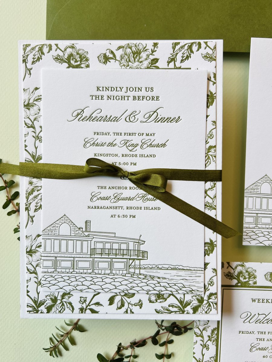Letterpress wedding invitation suite in olive green with a hand-drawn venue illustration and a botanical border, image 4 of 15