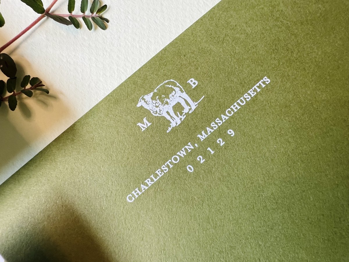 Letterpress wedding invitation suite in olive green with a hand-drawn venue illustration and a botanical border, image 14 of 15