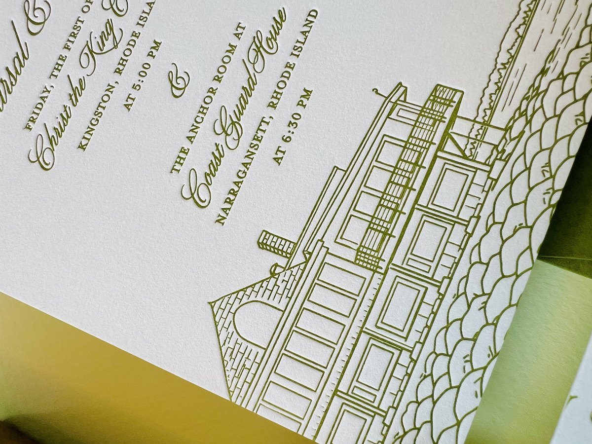 Letterpress wedding invitation suite in olive green with a hand-drawn venue illustration and a botanical border, image 7 of 15