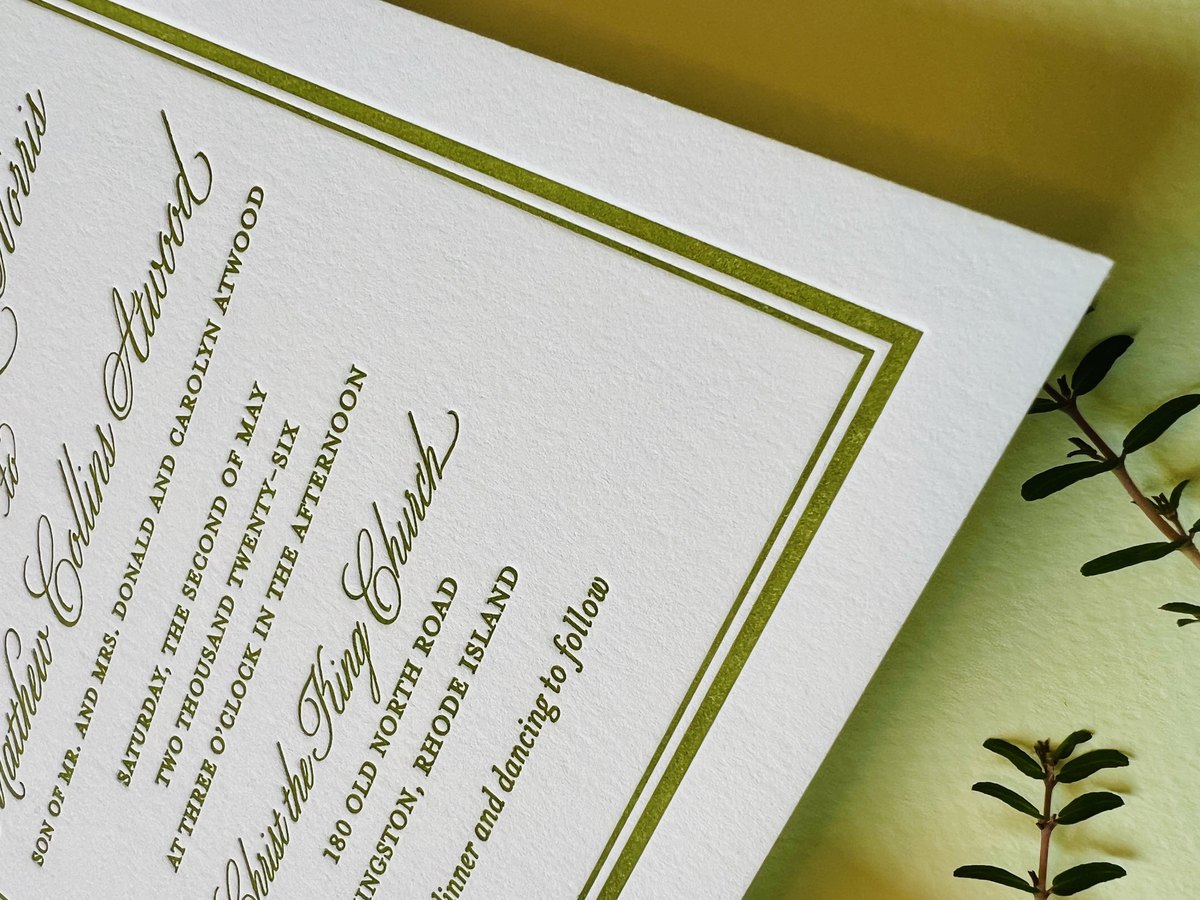 Letterpress wedding invitation suite in olive green with a hand-drawn venue illustration and a botanical border, image 8 of 15