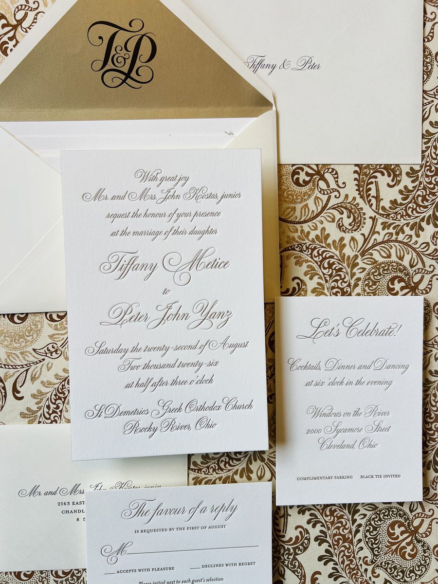 Letterpress wedding invitation suite in gold and cream with a patterned envelope liner, image 3 of 9