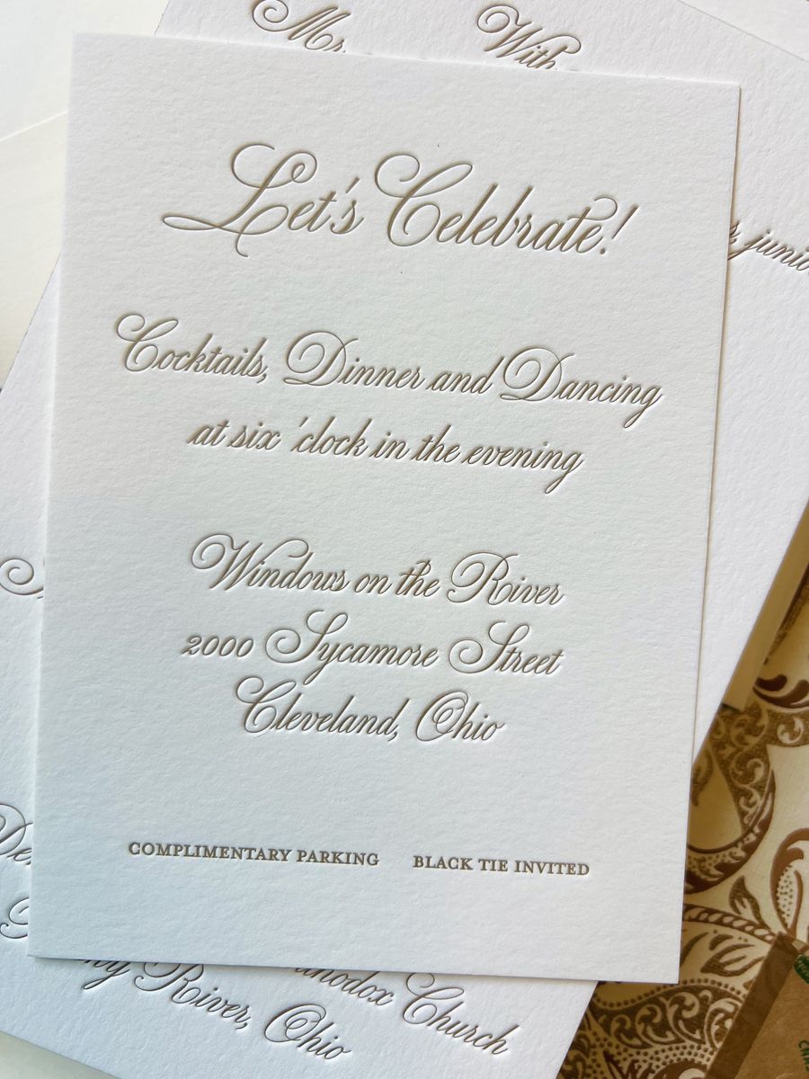 Letterpress wedding invitation suite in gold and cream with a patterned envelope liner, image 6 of 9