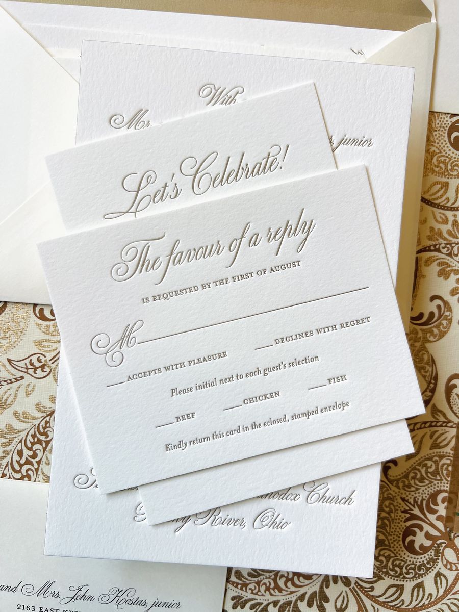 Letterpress wedding invitation suite in gold and cream with a patterned envelope liner, image 5 of 9